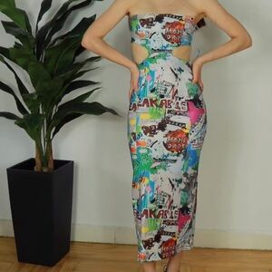Jean Michel Basquiat x Bershka Abstract Art Print Detail Maxi Strapless Dress